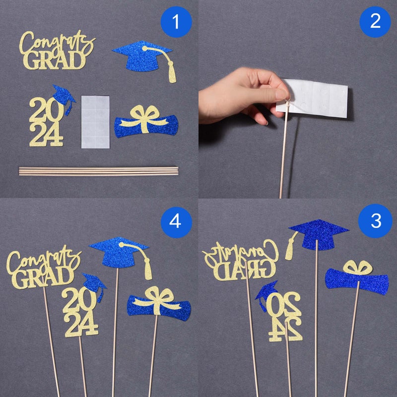 Gexolenu 16 PCS Gold and Blue Double-Sided 2024 Graduation Centerpieces for Tables, 2024 Table Toppers Party Centerpiece Sticks Party Supplies, Graduation Party Decorations Class of 2024, Set of 4 - Image 4